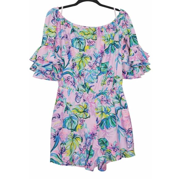 Lilly Pulitzer Pants - Lilly pulitzer womens medium off shoulder boat neck romper pink green